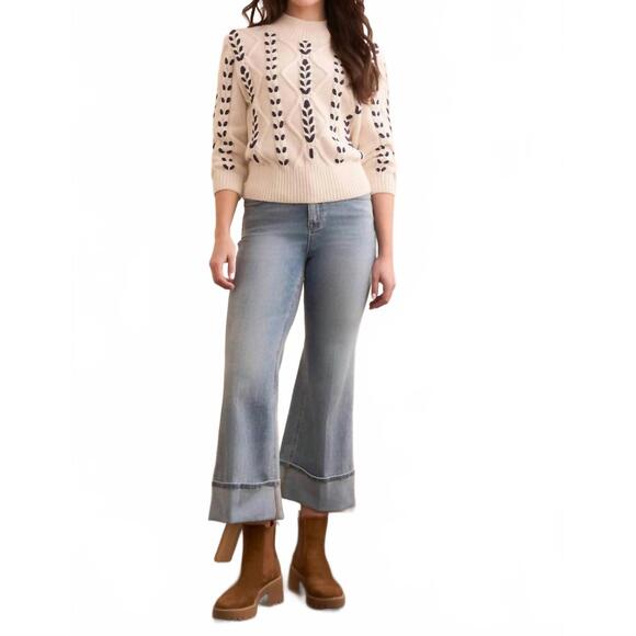 NEW TRIBAL cable-knit 3/4 sleeve mock neck sweater in moonstone